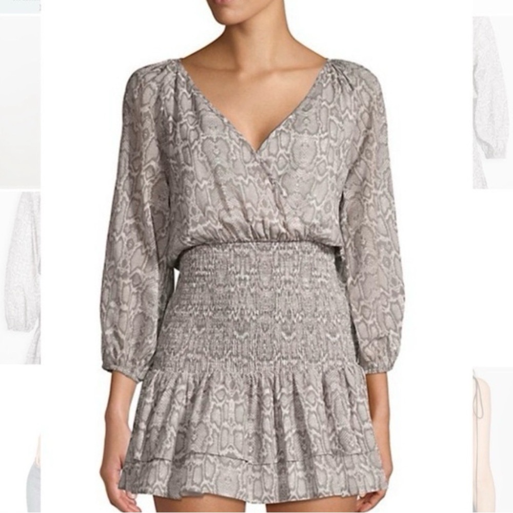 SUBOO sz L Snake Print Deep-V Sylvia Shirred Mini Dress Cotton Animal Cavalli